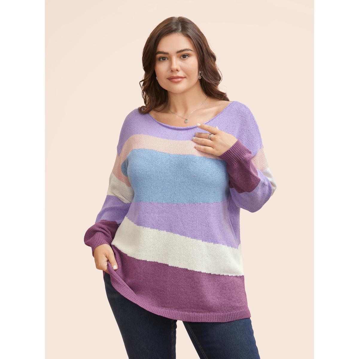 Plus Size Colorblock Contrast Boat Neck Drop Shoulder Pullover Multicolor Women Casual Long Sleeve Boat Neck Everyday Pullovers BloomChic 12/L Product Image