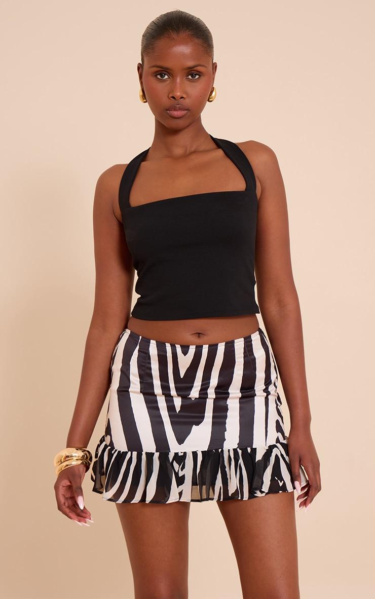 Black Satin Printed Chiffon Frill Hem Mini Skirt Product Image