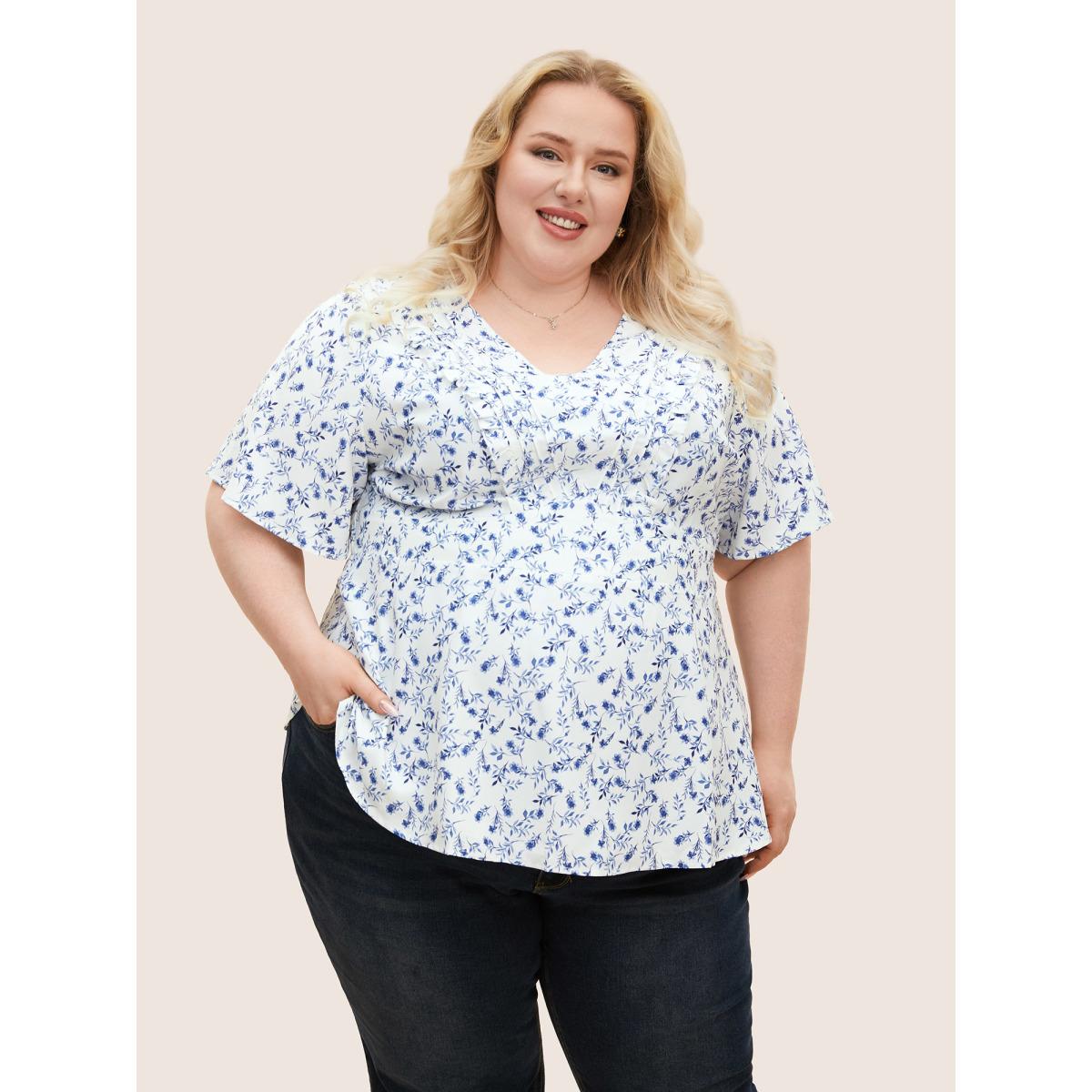 Plus Size Ivory Floral Pleated Elastic Waist Ruffle Sleeve Blouse Women Timeless Half Sleeve V-neck Elegant Blouses BloomChic 18-20/2X Product Image