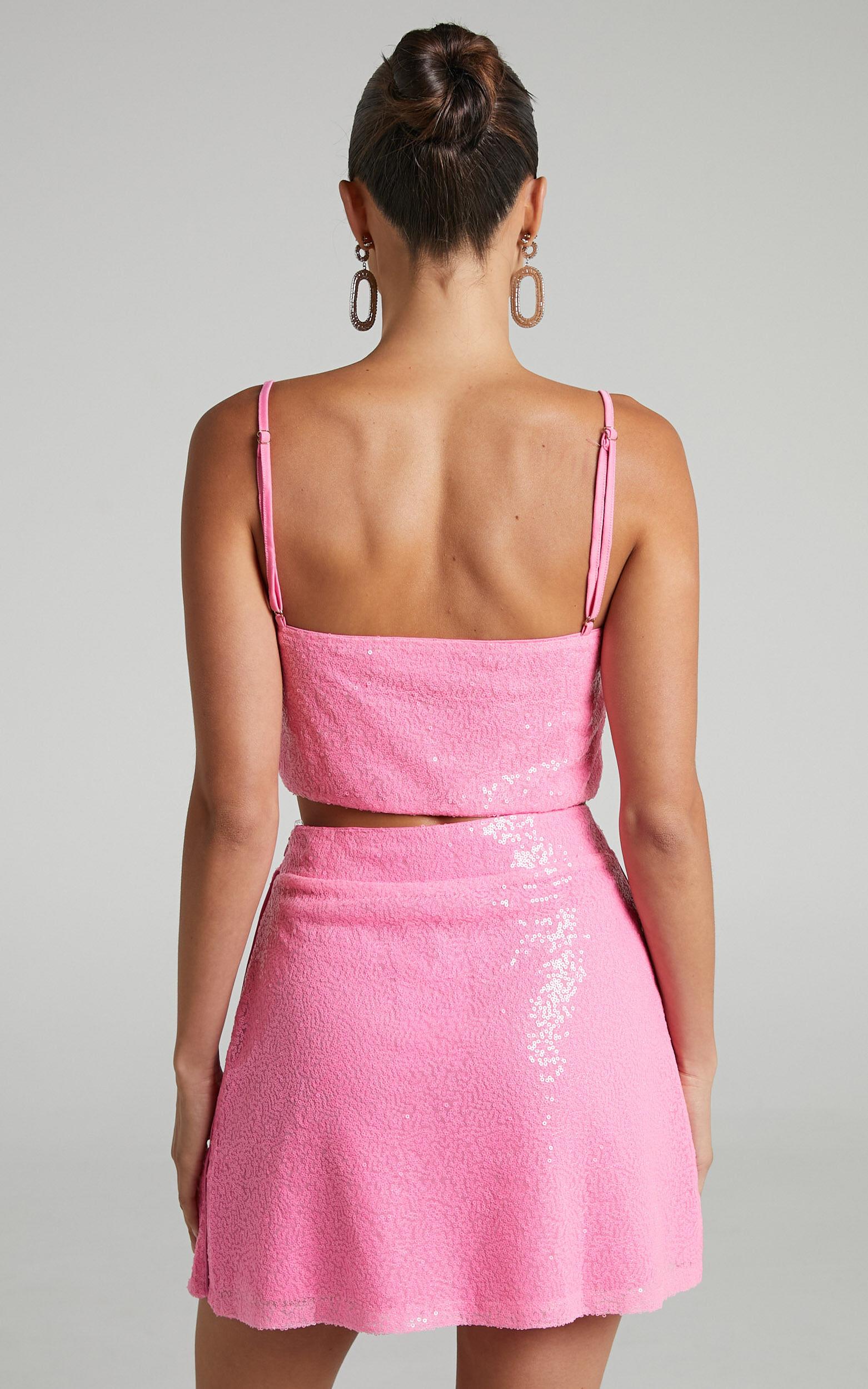 Elswyth Top - Strappy Sequin Crop Cami Top in Pink Product Image