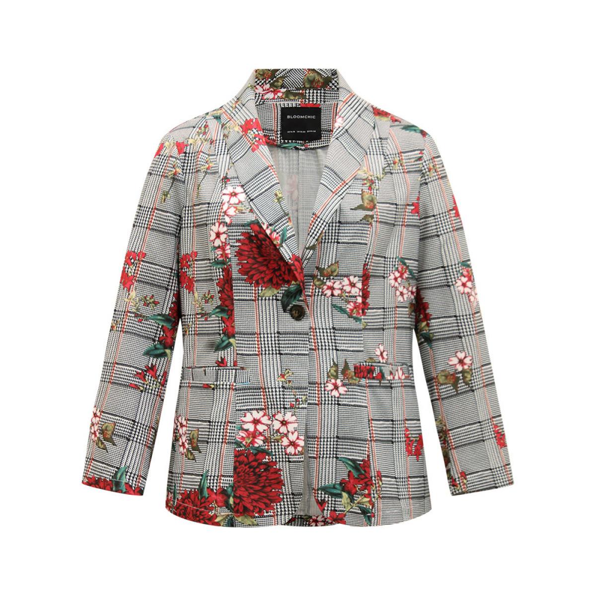 Plus Size Floral Plaid Patchwork Pocket Blazer Multicolor Women Dailywear Plaid Printed Sleeve Long Sleeve Lapel Collar 28/5X Pocket Elegant Blazers BloomChic Product Image