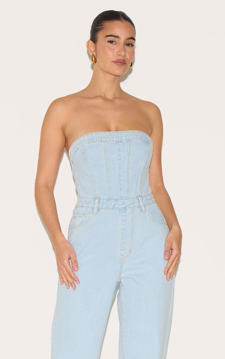 Light Blue Wash Bandeau Denim Jumpsuit Product Image