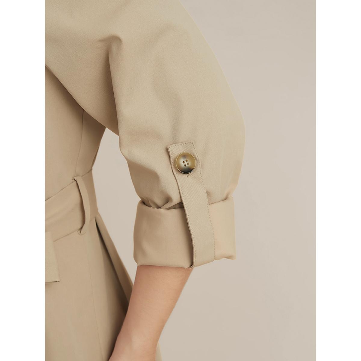 Plus Size Solid Pocket Roll Sleeve Button Up Belted Coat Women Apricot Office Cross straps Ladies Dailywear Winter Coats BloomChic 18-20/2X Product Image