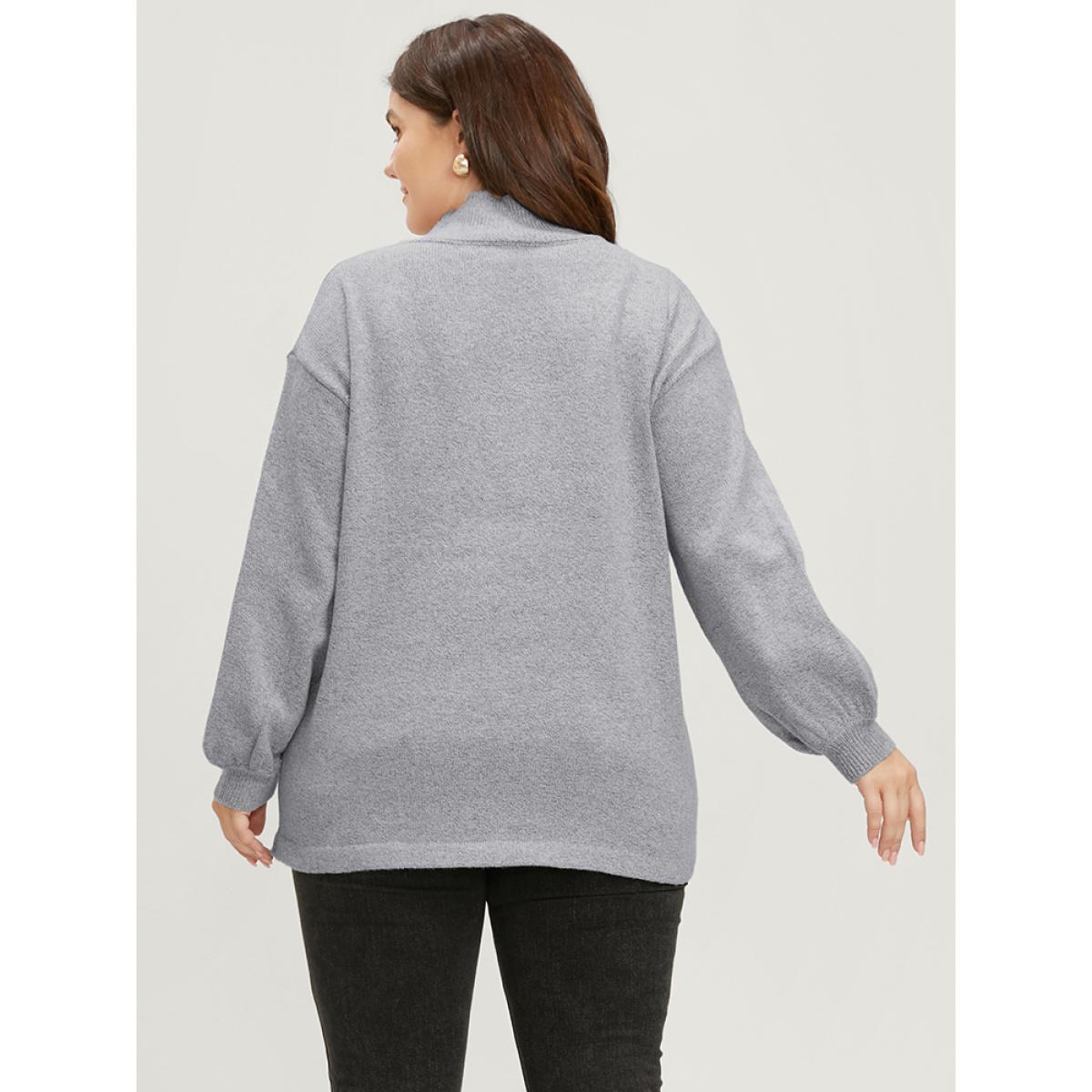 Plus Size Solid Pointelle Knit Lantern Sleeve Mock Neck Heather Knit Top LightGray Women Casual Long Sleeve Mock Neck Dailywear Pullovers BloomChic 30/6X Product Image
