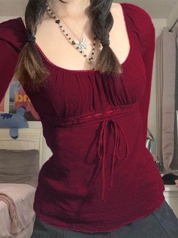 Lace Trim Tie Front Long Sleeve Blouse Product Image