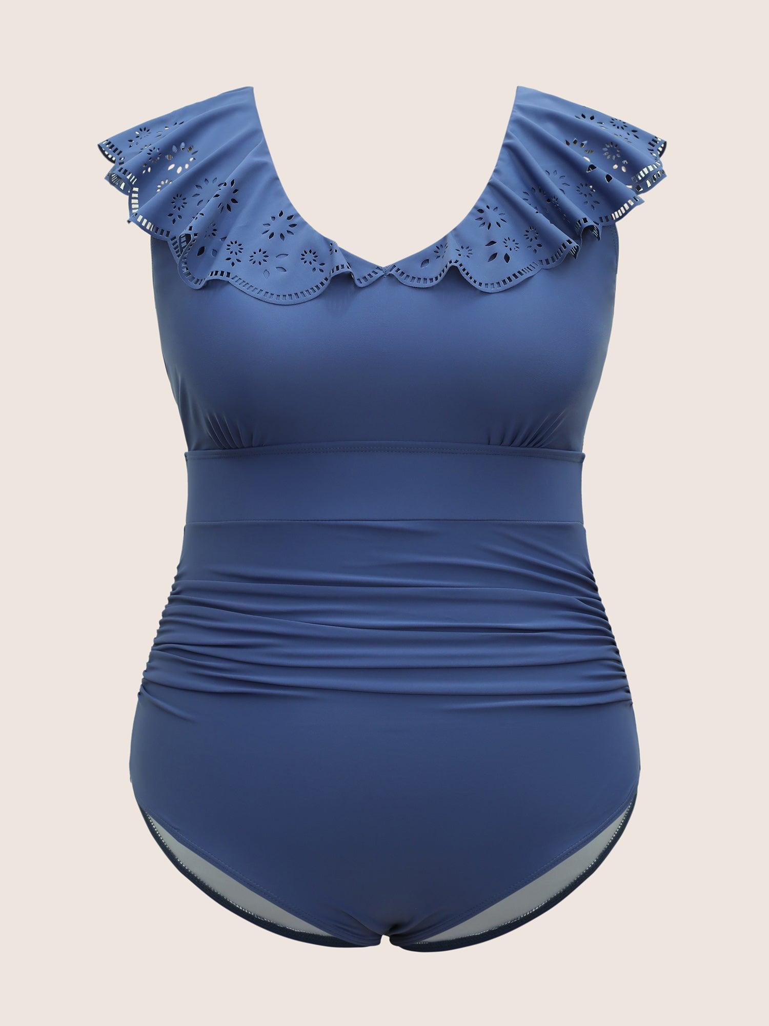 Plain Laser Cut Flutter Trim One Piece Swimsuit Female Product Image