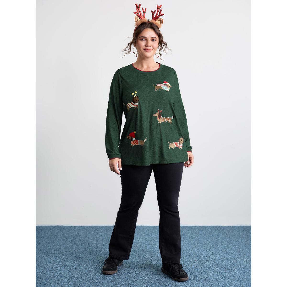 Plus Size Supersoft Puppy Embroidery Contrast T-Shirt Cyan Women Playful Animals Round Neck Casual T-shirts BloomChic 30/6X Product Image