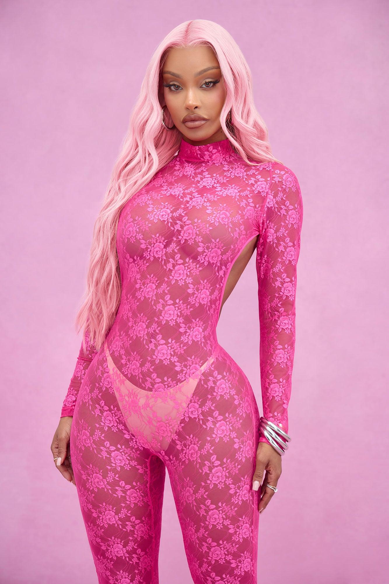 Only At Midnight Lace Jumpsuit Bodystocking - Hot Pink Product Image