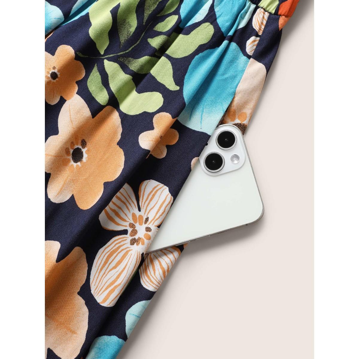 Plus Size Floral Printed Patchwork Side Seam Pocket Dress Indigo Women Resort Gathered Non Sleeveless Curvy BloomChic 26/4X Product Image