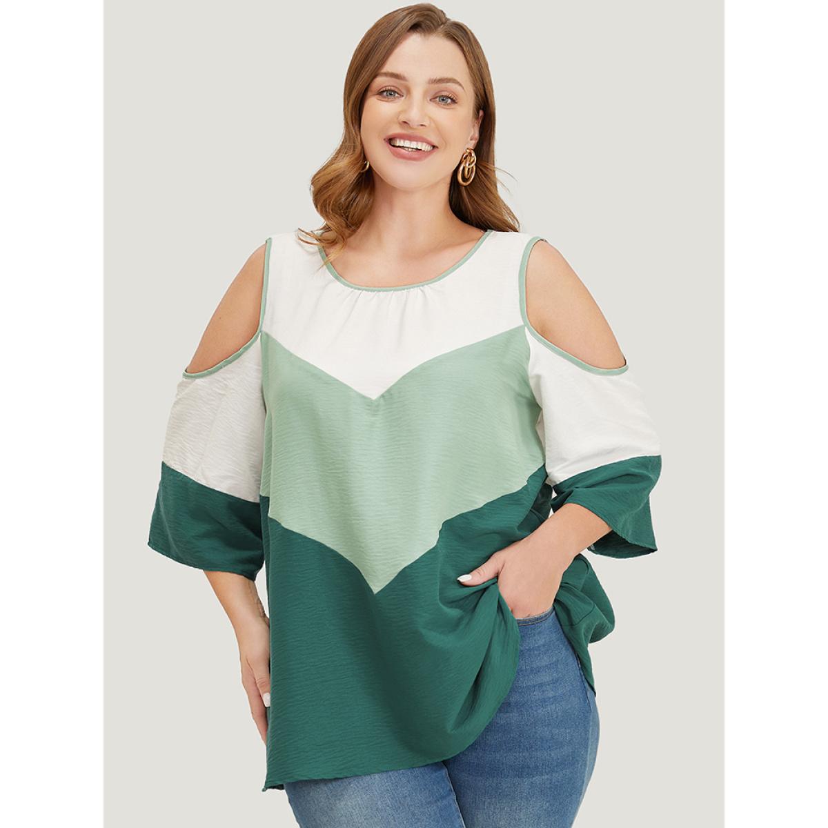 Plus Size Mint Color Block Contrast Trim Cold Shoulder Blouse Women Vacation Elbow-length sleeve Cold Shoulder Dailywear Blouses BloomChic 22-24/3X Product Image