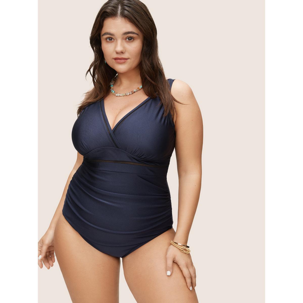 Plus Size Solid Adjustable Straps Gathered One Piece Swimsuit Women's Swimwear Midnight Resort Non Curve Bathing Suits High stretch One Pieces BloomChic 12/L Product Image