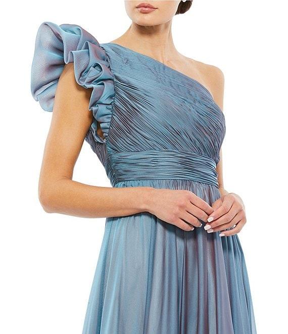 Mac Duggal Chiffon Ruched One Shoulder Flutter Sleeve Tiered Gown Product Image