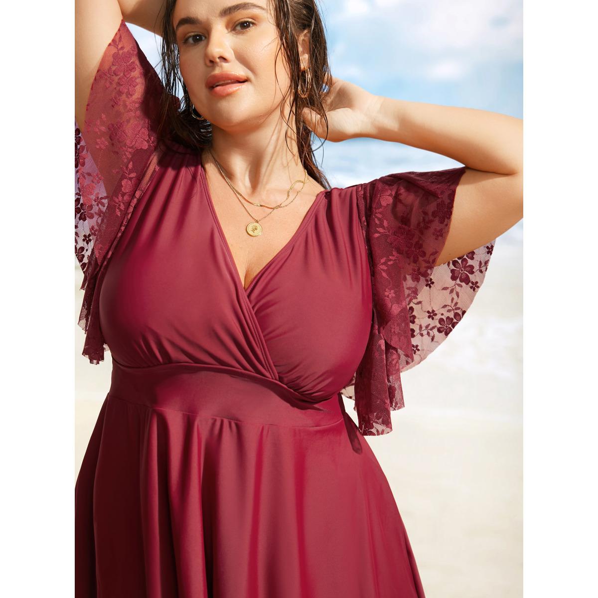 Plus Size Solid Overlap Collar Lace Patchwork Gathered Swim Dress Women's Swimwear Deepred Beach Bodycon Overlap Collar High stretch Curve Swim Dresses BloomChic 12/L Product Image