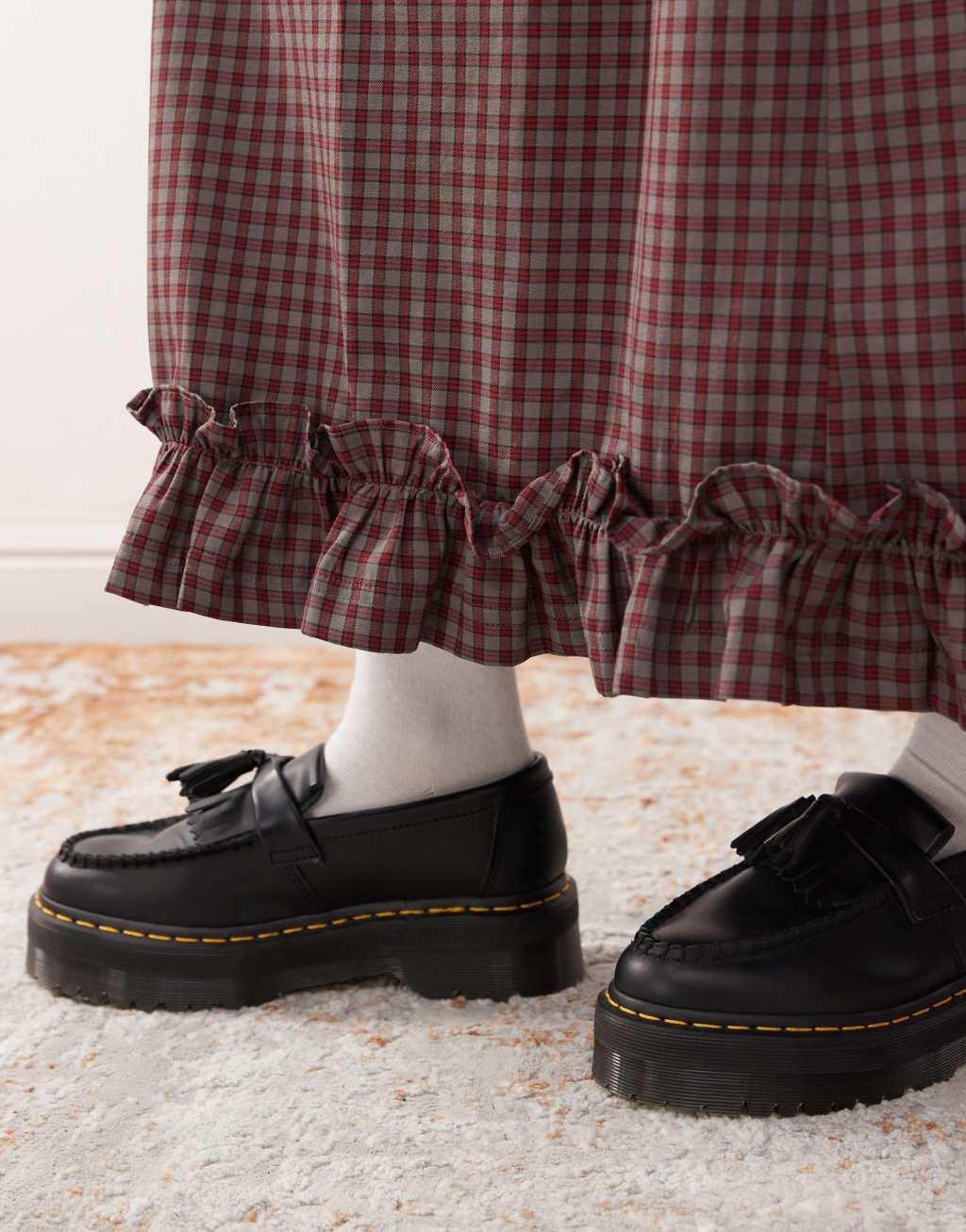 Reclaimed Vintage prairie midi skirt with ruffle hem and shirring in burgundy check Product Image