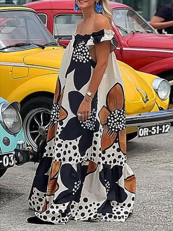 Loose Short Sleeves Flower Print Split-Joint Off-The-Shoulder Maxi Dresses Product Image