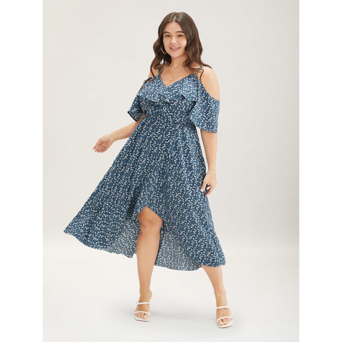 Plus Size Ditsy Floral Pocket Wrap Cold Shoulder Ruffle Dress Stone Women Romantic Non Overlap Collar Short sleeve Curvy Midi Dress BloomChic 12/L Product Image