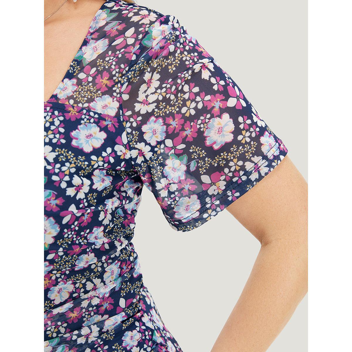 Plus Size Floral Print Ruched Square Neck Dress Stone Women Glamour Gathered Square Neck Short sleeve Curvy Midi Dress BloomChic 30/6X Product Image