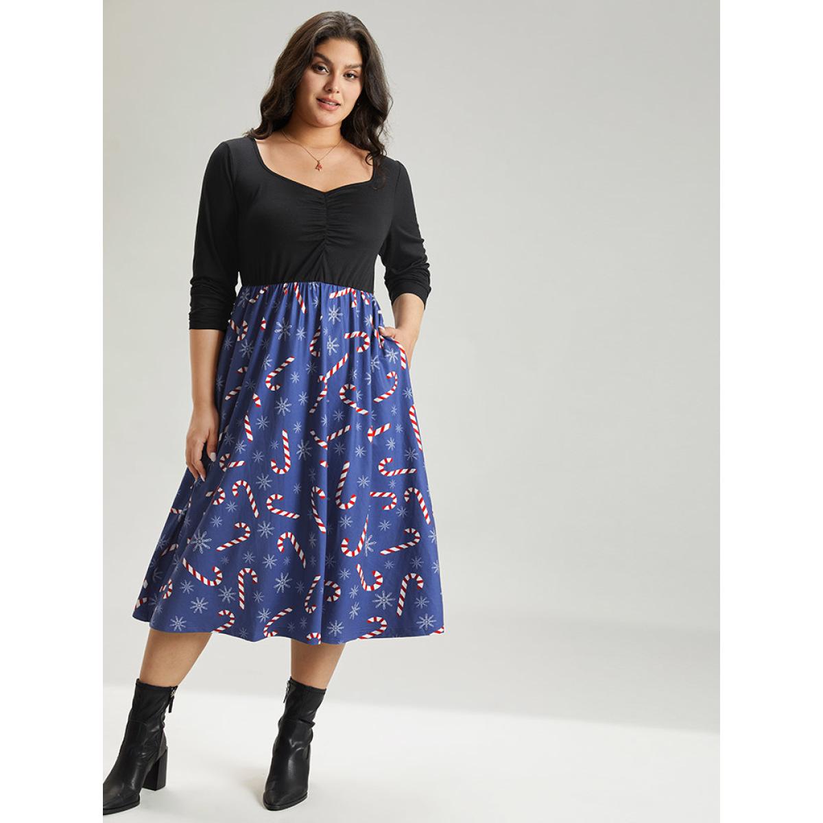 Plus Size Snowflake & Christmas Candy Print Pocket Ruched Dress DarkBlue Women Elegant Gathered Square Neck Long Sleeve Curvy Midi Dress BloomChic 30/6X Product Image