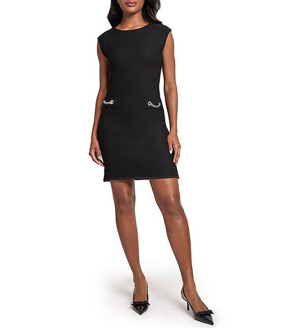 Ming Wang Knit Boat Neck Cap Sleeve Chain Front Dress Product Image