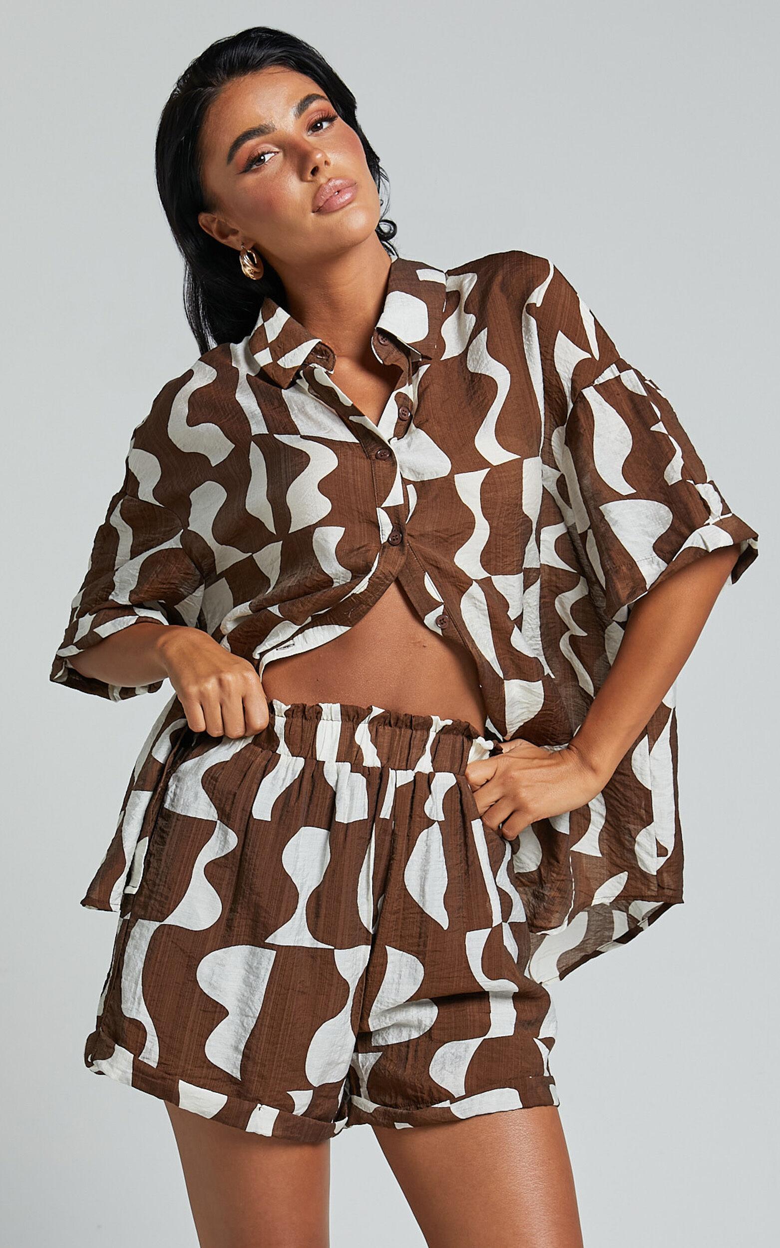 Nadiane Shorts - Shirred High Waisted Shorts in Chocolate Mono Wave Product Image