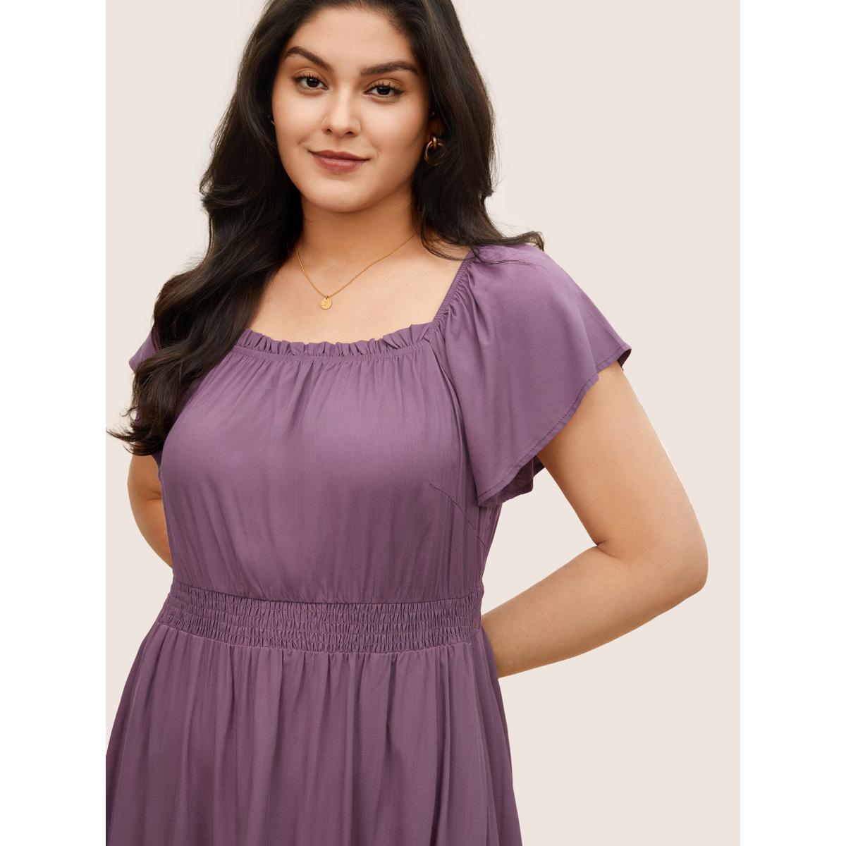 Plus Size Solid Cap Sleeve Shirred Frill Trim Dress Mauve Women Elegant Non Square Neck Cap Sleeve Curvy Midi Dress BloomChic 12/L Product Image