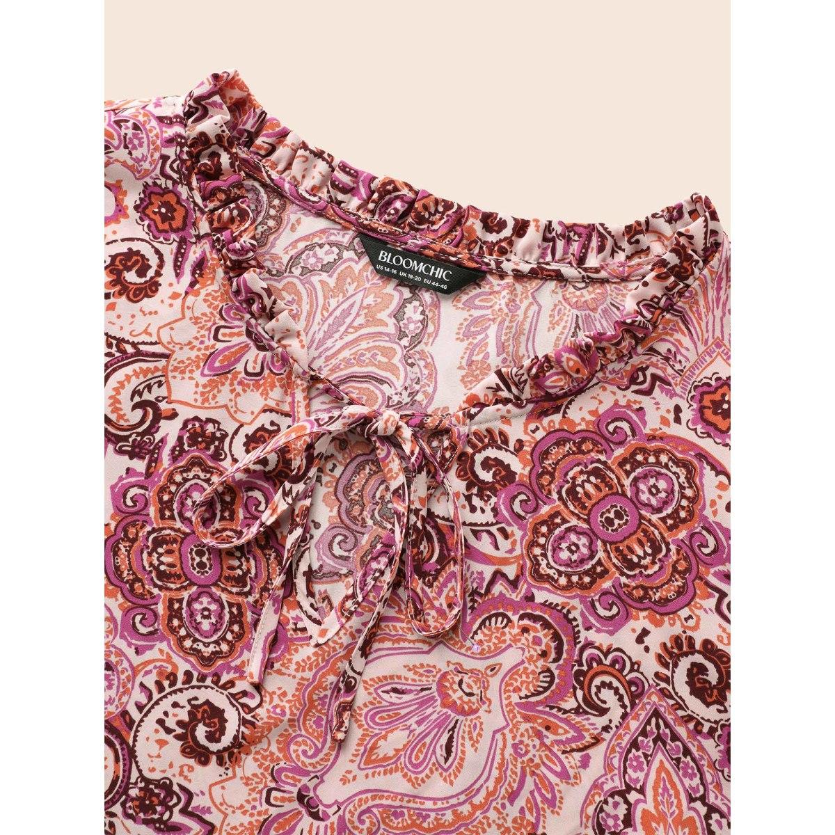 Plus Size Blush Bandana Frill Trim Tie Knot Blouse Women Elegant Elbow-length sleeve Notched collar Everyday Blouses BloomChic 18-20/2X Product Image