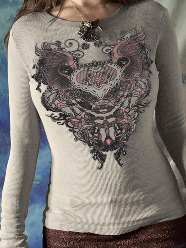 Vintage Abstract Print Slim Long Sleeve Knit Product Image