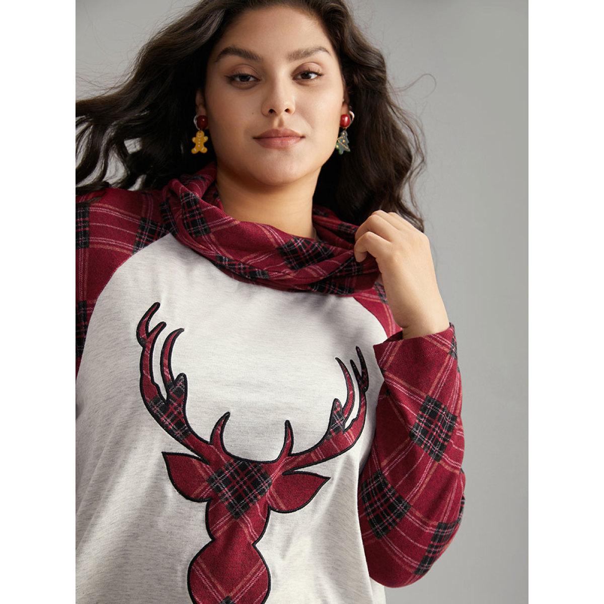 Plus Size Elk Plaid Patchwork Cowl Neck T-shirt LightGray Women Casual Contrast Christmas Cowl Neck Festival-Christmas T-shirts BloomChic 10/M Product Image