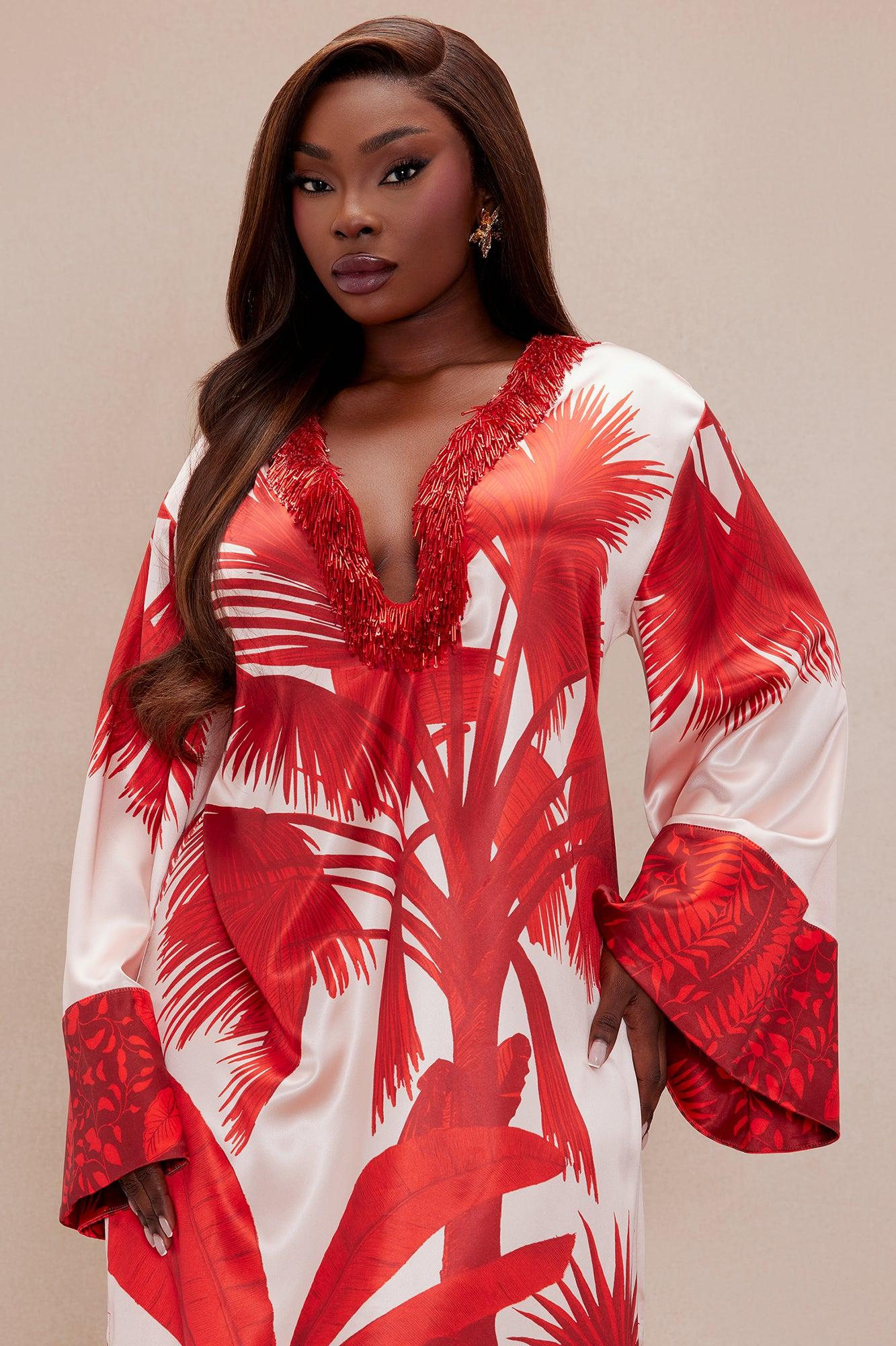 Selena Satin Kaftan Maxi Dress - Red/combo Product Image