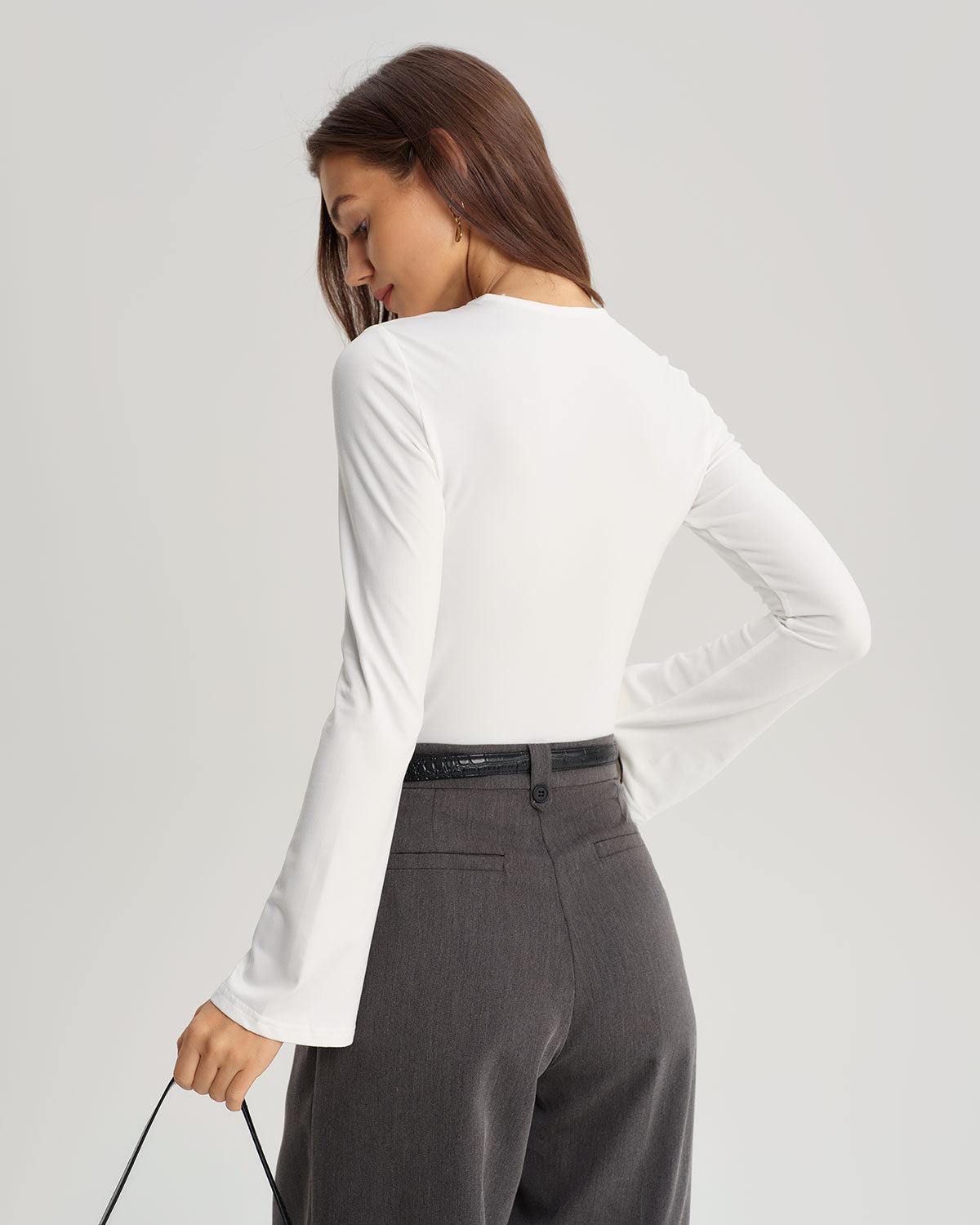 White Round Neck Cutout Slim Tee Product Image