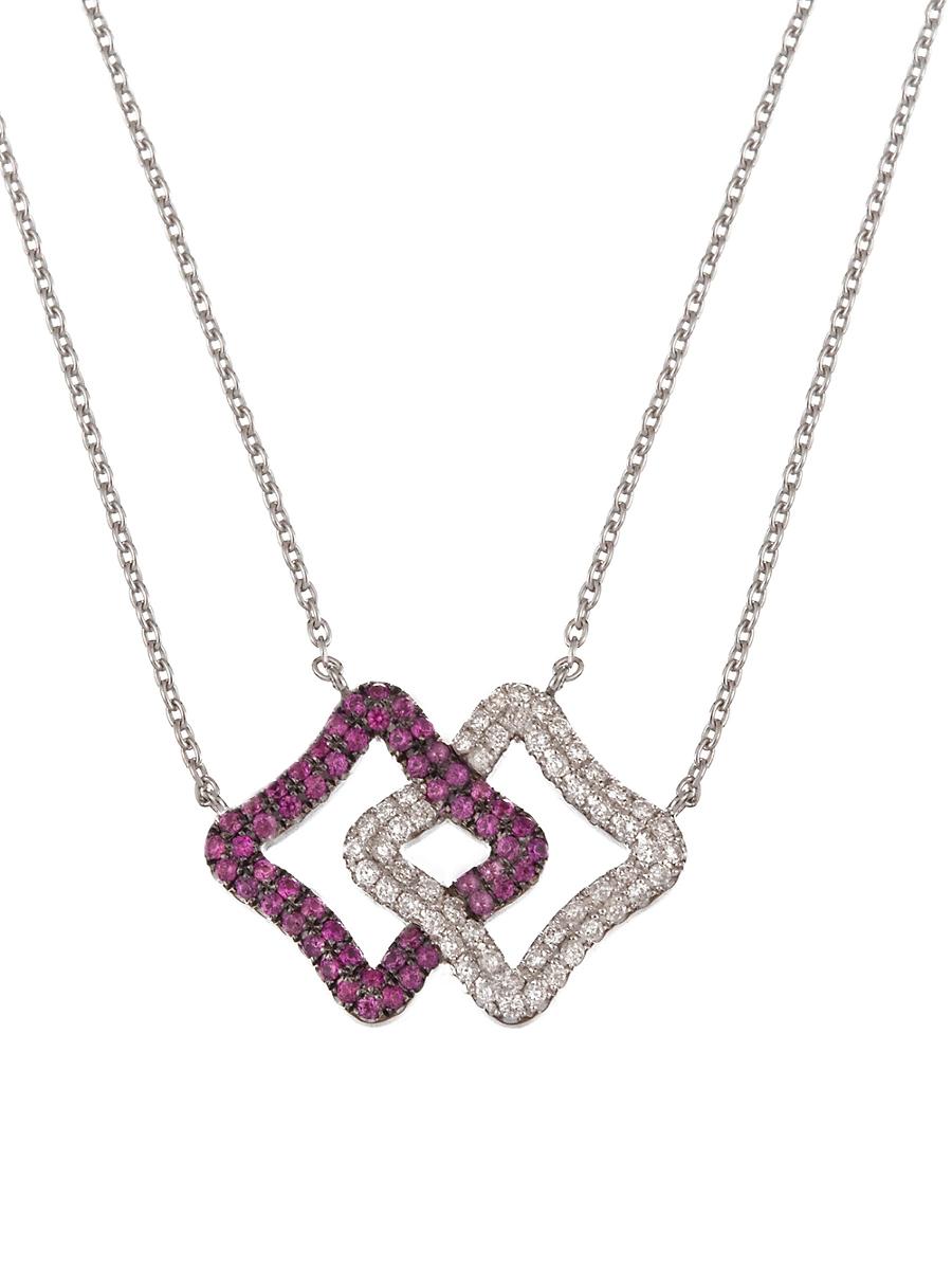 Womens Duality 18K White Gold, Diamond & Pink Sapphire Intertwined Double Necklace Product Image
