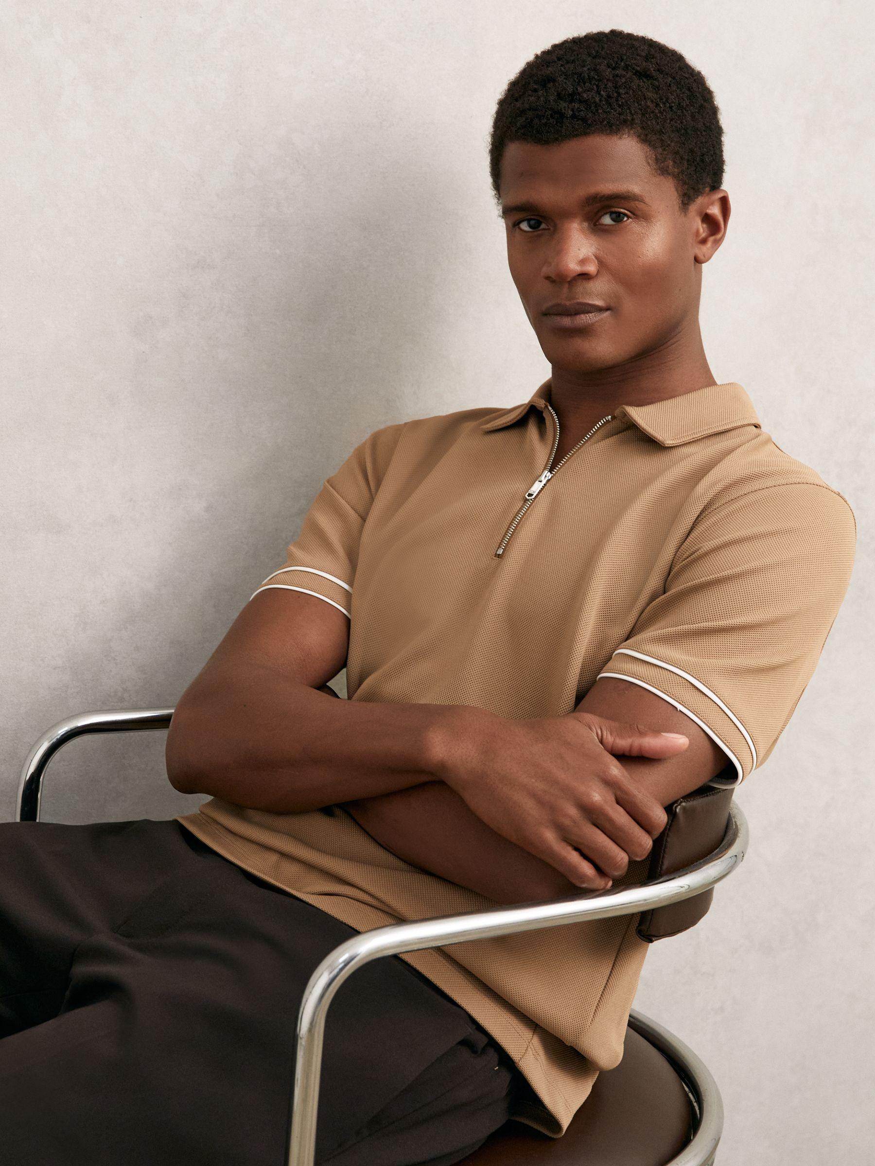 Textured Half-Zip Tipped Polo Shirt in Camel Product Image
