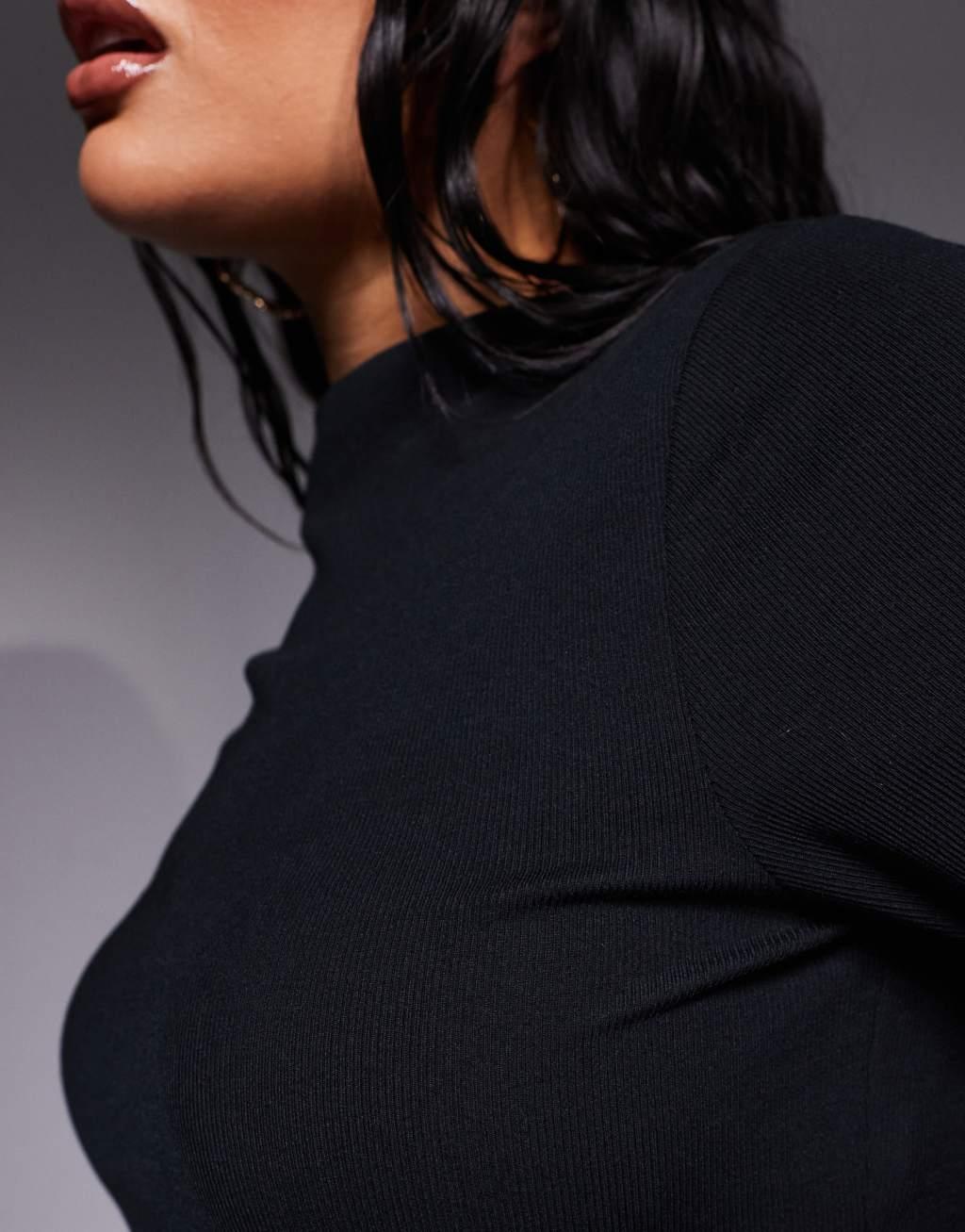 ASOS DESIGN Curve ribbed bodysuit with flared sleeves in black Product Image