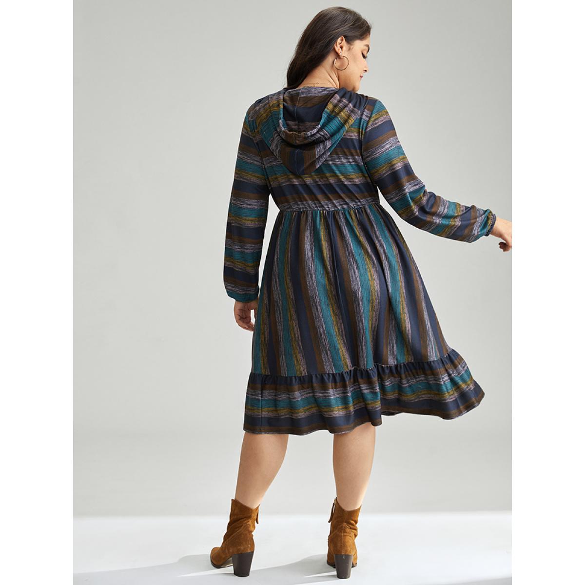 Plus Size Striped Contrast Ruffle Layered Hem Hooded Dress Multicolor Women Casual Elastic cuffs Hooded Long Sleeve Curvy Midi Dress BloomChic 28/5X Product Image