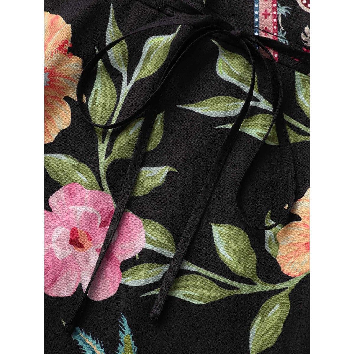 Plus Size Boho Print Overlap Collar Drawstring Dress Black Women Resort Drawstring Overlap Collar Short sleeve Curvy BloomChic 14-16/1X Product Image