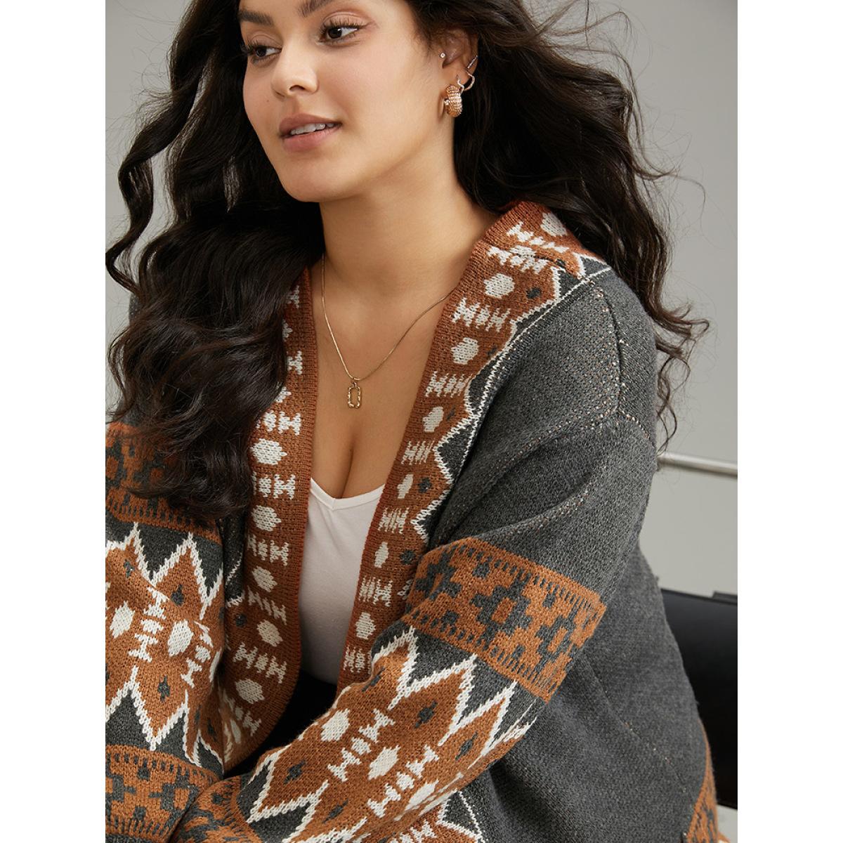 Plus Size Contrast Geometric Pocket Open Front Cardigan DimGray Women Casual Loose Long Sleeve Dailywear Cardigans BloomChic 12/L Product Image