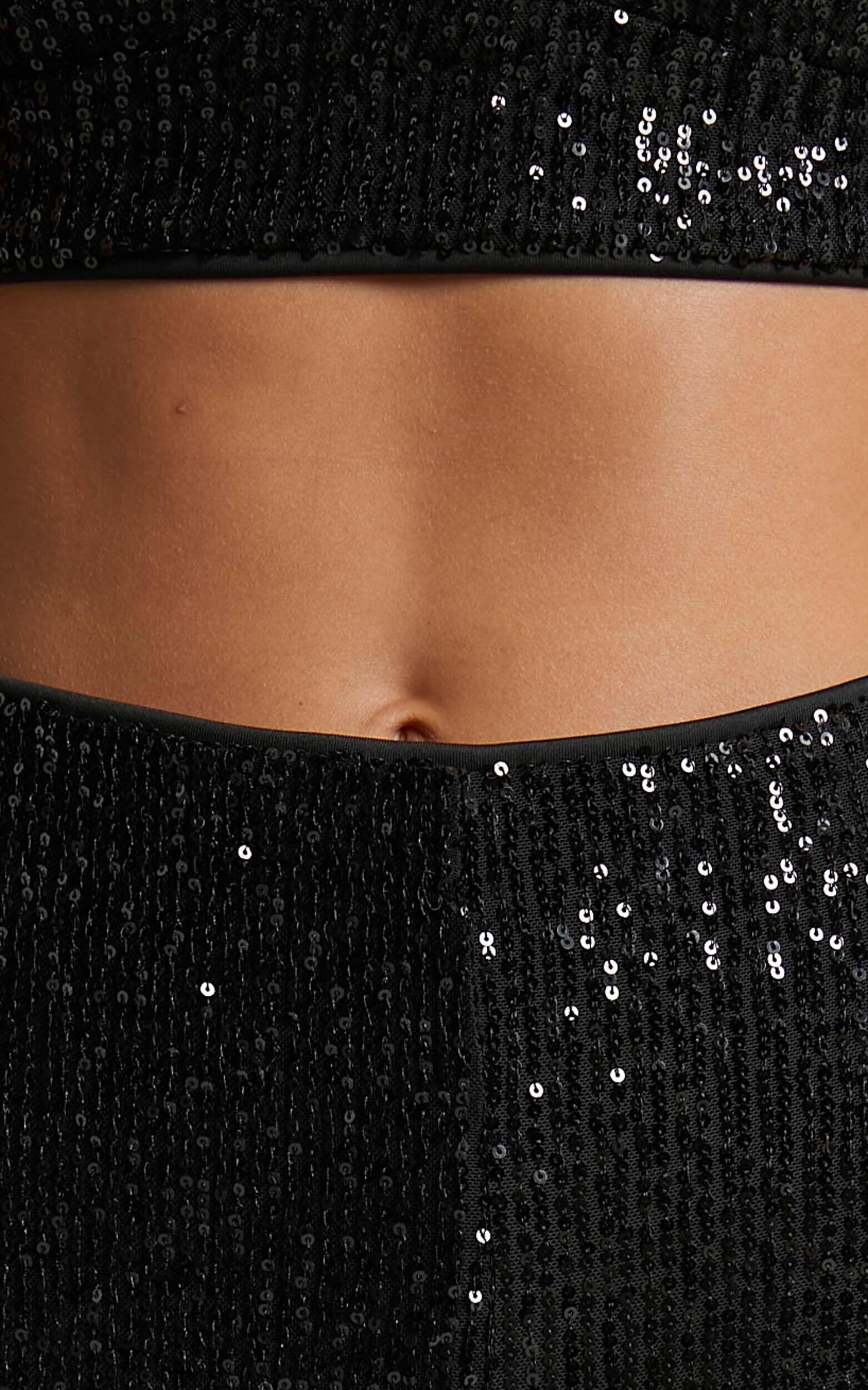 Abela Two Piece Set - Crop Top and Wide Leg Pants Set in Black Sequin Product Image