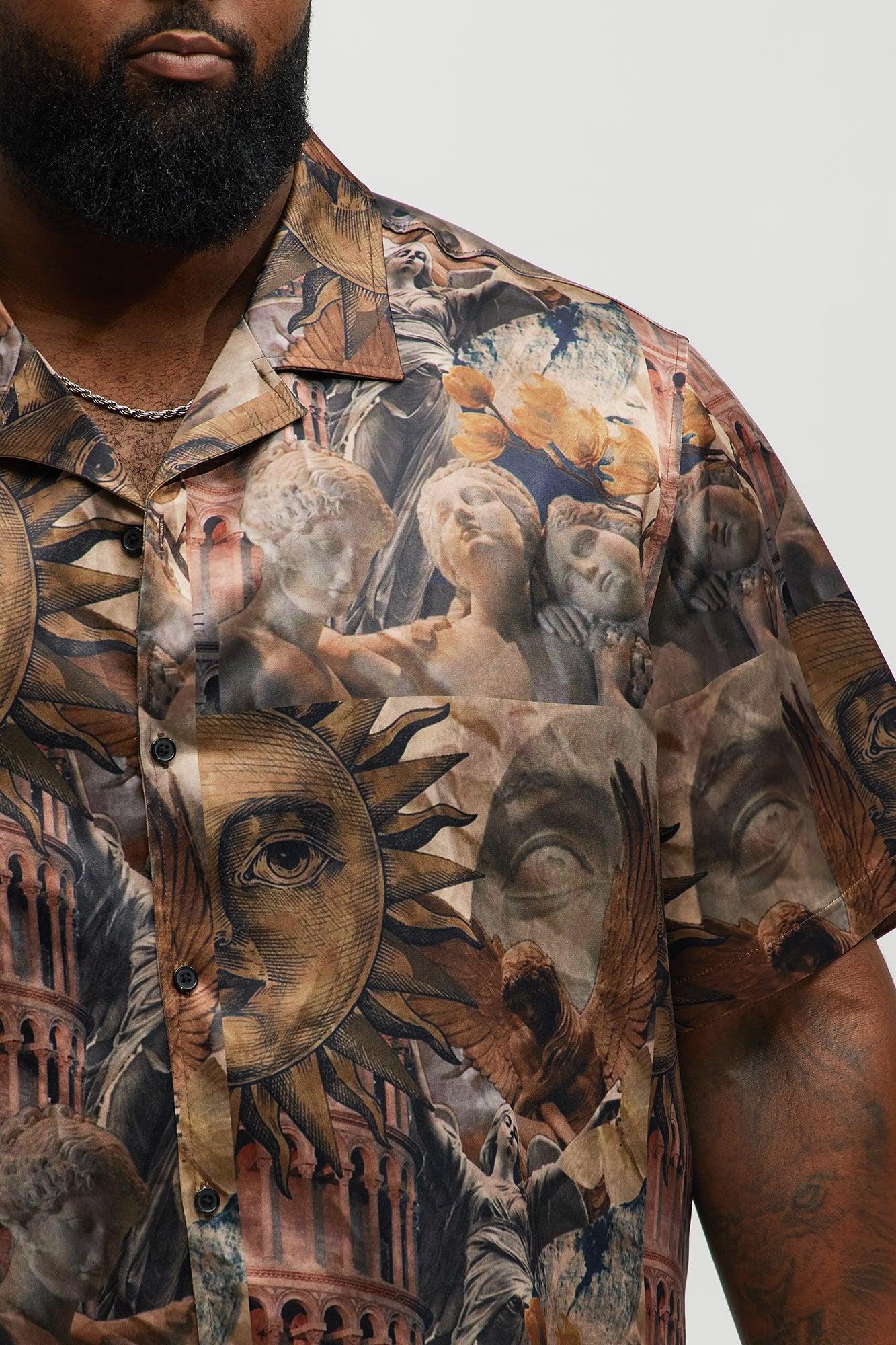 Celestial Glory Cuban Collar Short Sleeve Shirt - Brown Combo Male Product Image