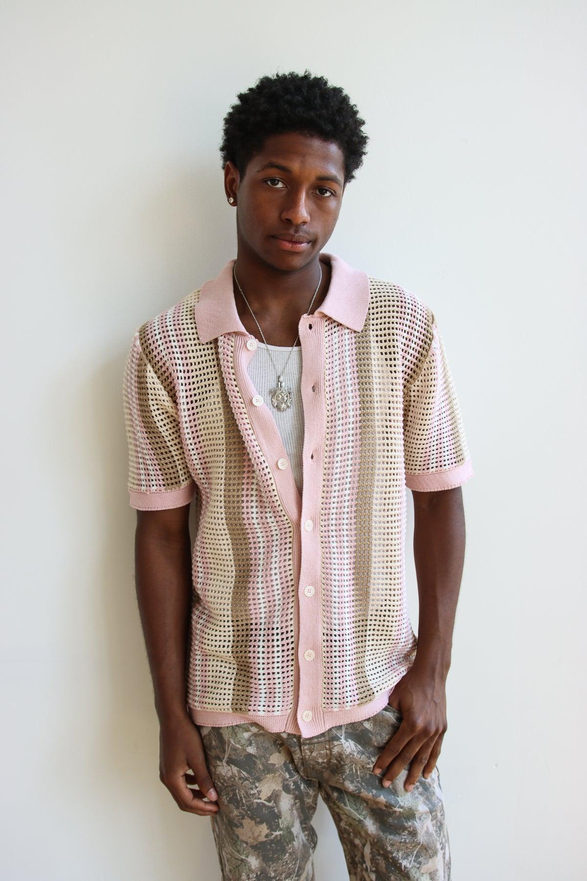 Striped Knit Mesh Button Up Shirt Product Image