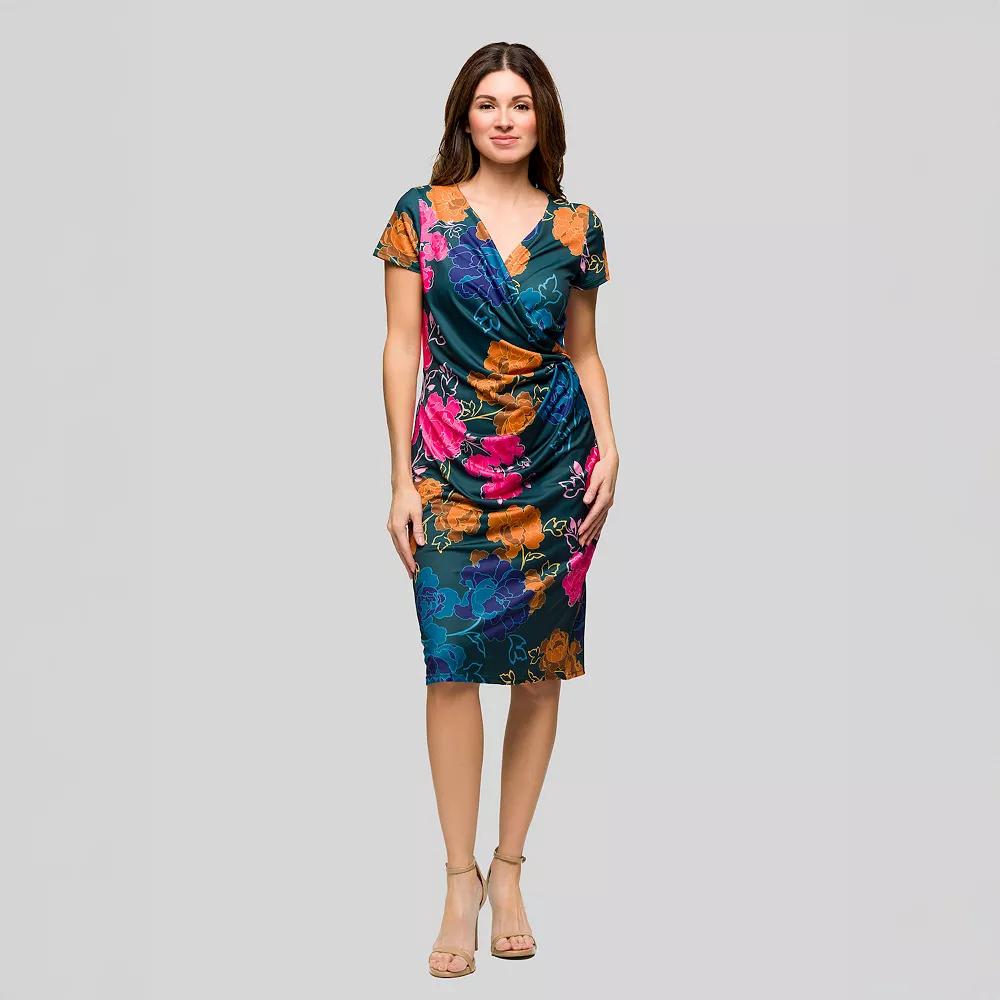 Women's 24Seven Comfort Apparel Floral Knee Length Short Sleeve Faux Wrap Dress, Size: Small, Green Team Product Image