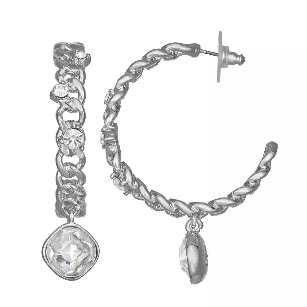 Simply Vera Vera Wang Silver Tone 40mm Chain Stone Hoop Earrings, Women's, Clear Product Image