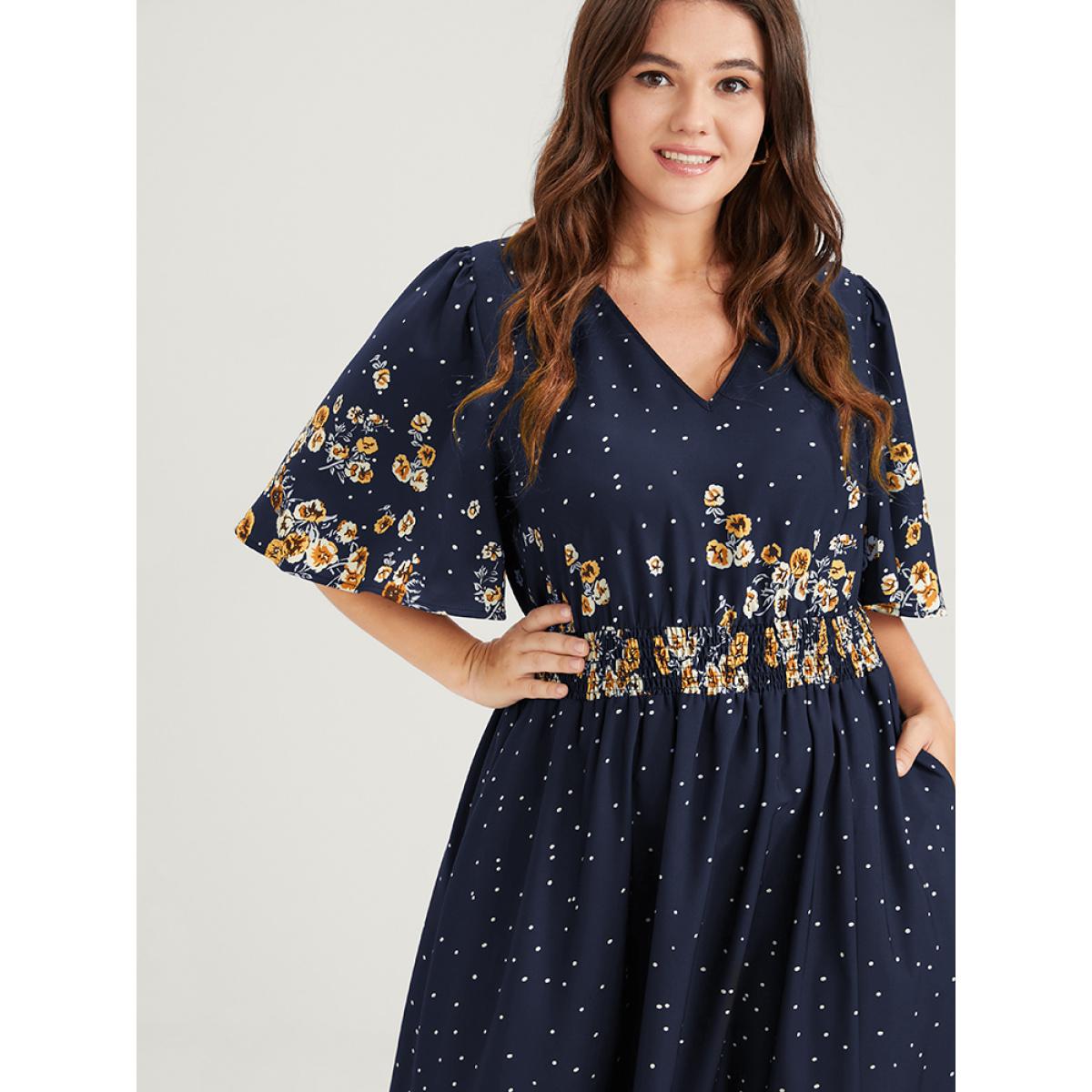 Plus Size Floral Pocket Split Hem Flutter Shirred Maxi Dress Navy Women Casual Printed V-neck Half Sleeve Curvy Midi Dress BloomChic 10/M Product Image