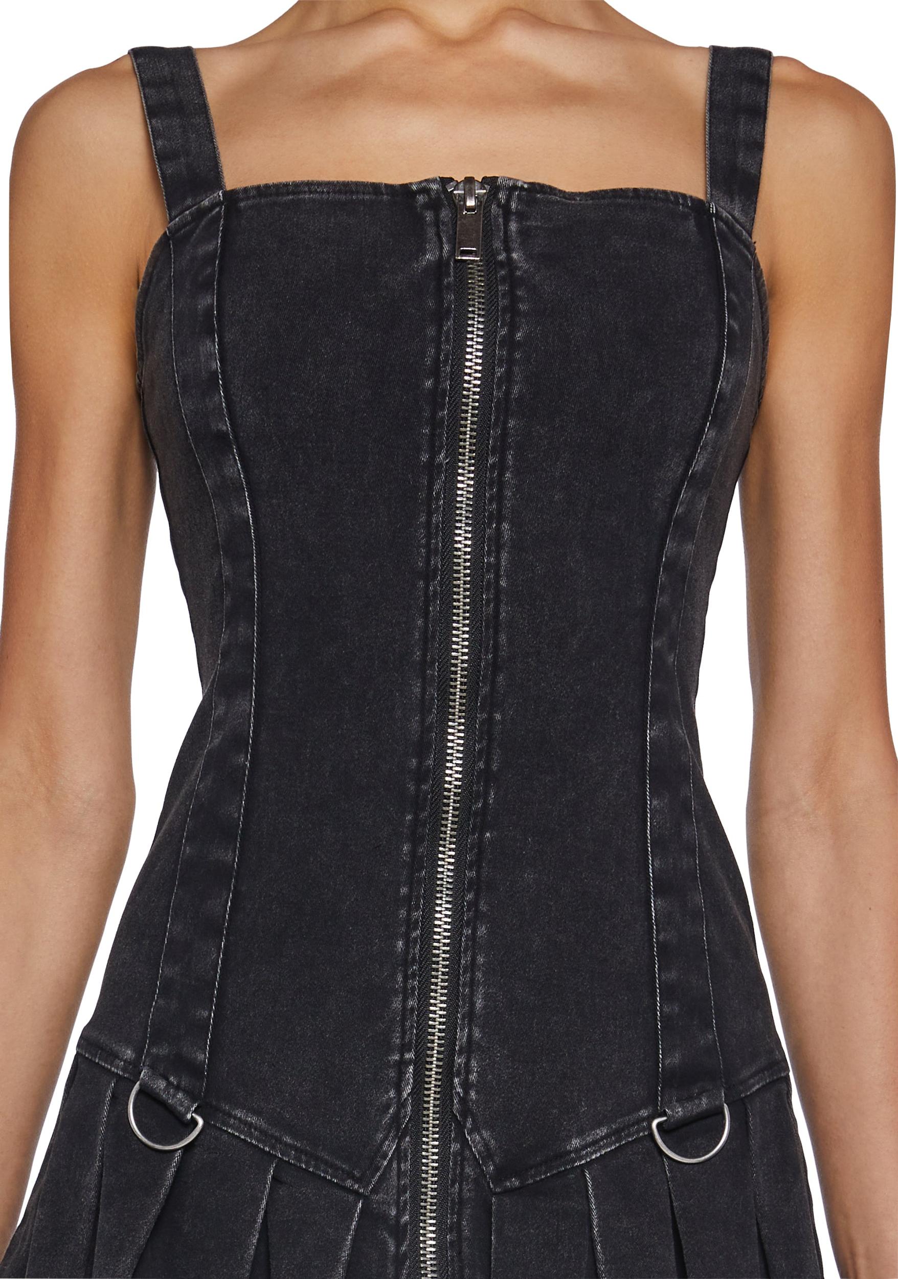 Womens Washed Denim Mini Dress With Front Zipper Closure Current Mood - Black Product Image