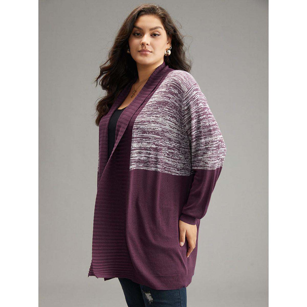 Plus Size Supersoft Essentials Patchwork Lapel Collar Cardigan Eggplant Women Casual Loose Long Sleeve Dailywear Cardigans BloomChic 26/4X Product Image