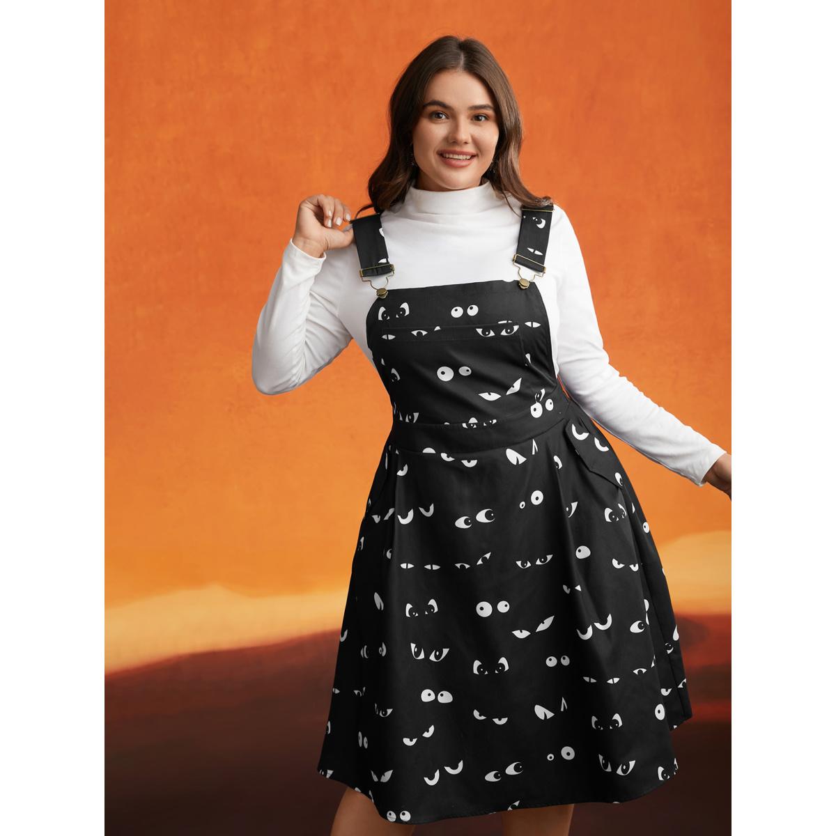 Plus Size Bat Eyes Overall Straps Skirt Midi Dress Black Women Cocktail Non Party Curvy Bloomchic 22-24/3X Product Image