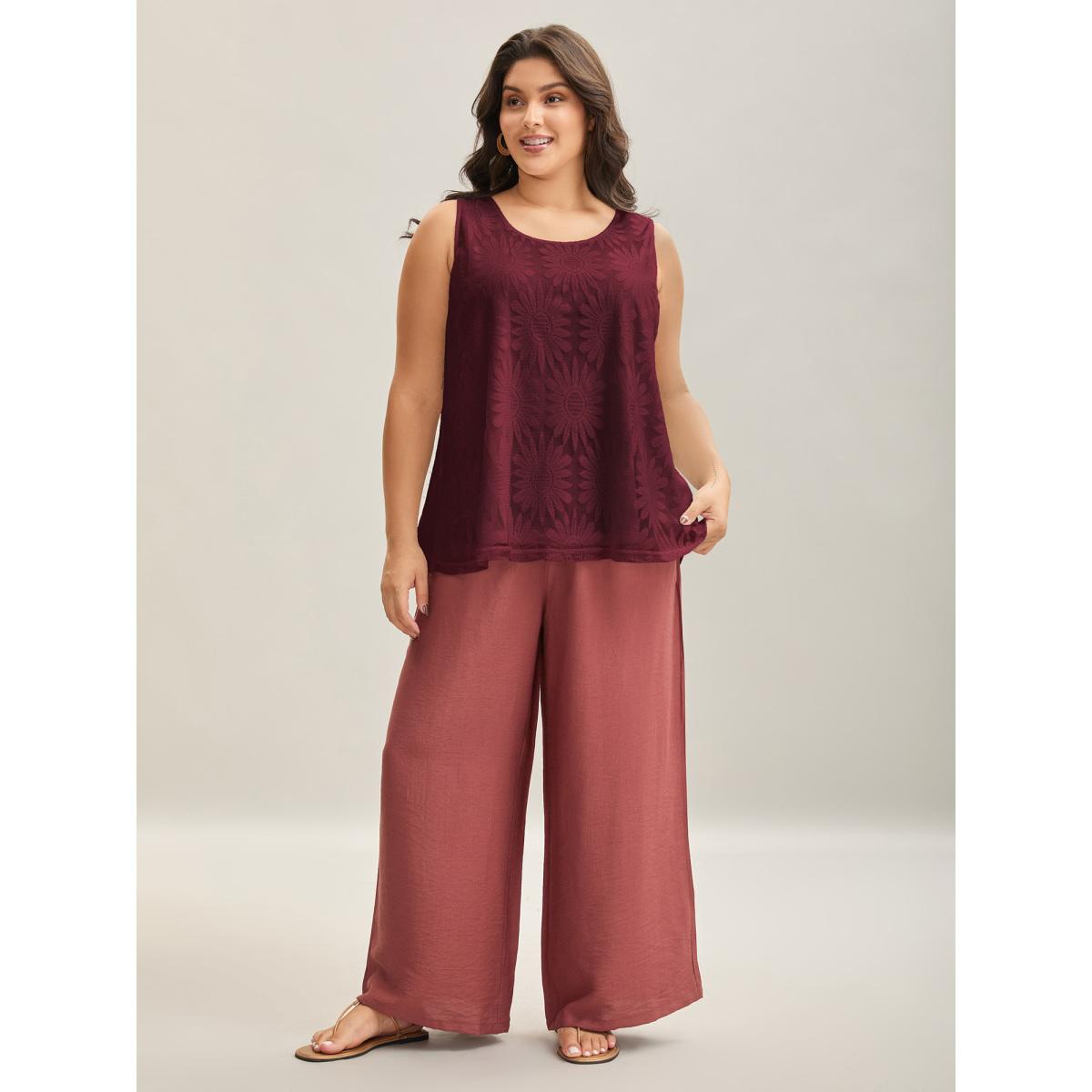 Plus Size Lace Lined Flowy Tank Top Women Burgundy Resort Non Round Neck Vacation Tank Tops Camis BloomChic 18-20/2X Product Image