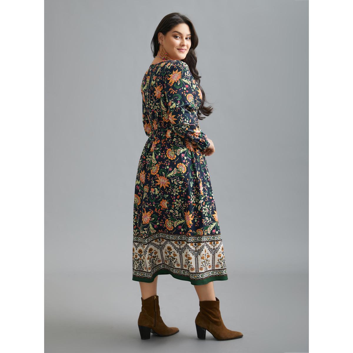 Plus Size Square Neck Floral Boho Print Midi Dress Black Women Resort Ruffles Square Neck Long Sleeve Curvy BloomChic 10/M Product Image