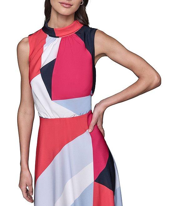 KARL LAGERFELD PARIS Silky Crepe Abstract Print Halter Neck Sleeveless Blouson Midi Dress Product Image