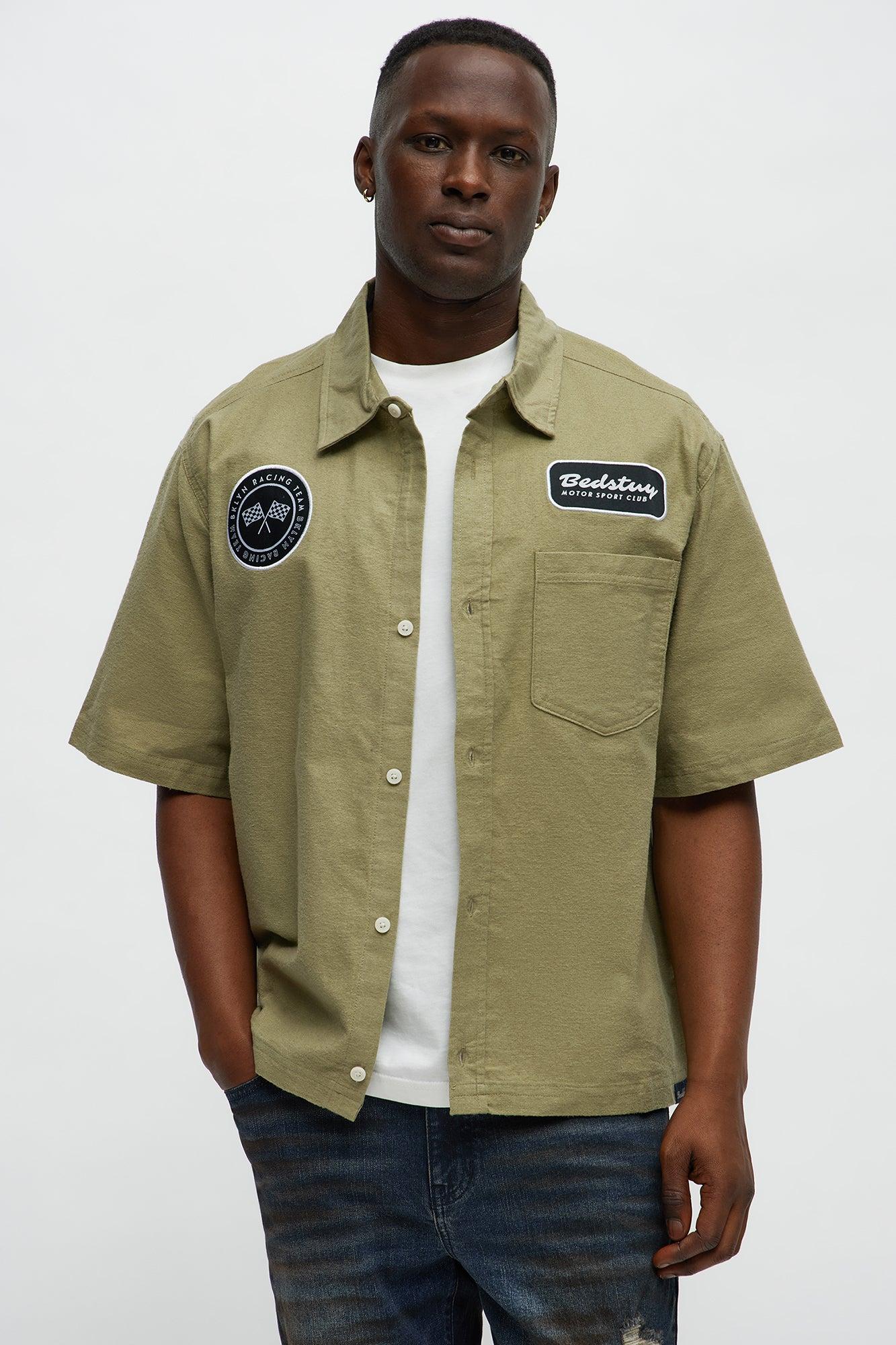 Cropped Bedstuy Patch Button Up Shirt - Olive Product Image
