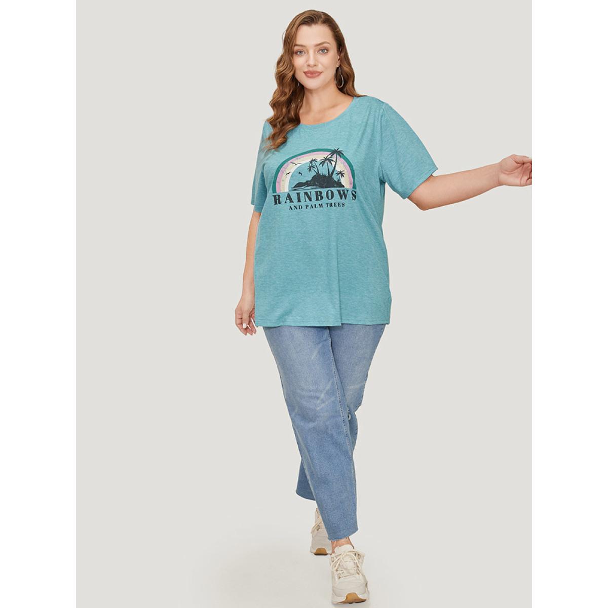Plus Size Rainbow & Letter Print Short Sleeve T-shirt Cerulean Women Casual Tropical Dailywear T-shirts BloomChic 18-20/2X Product Image